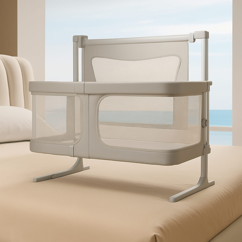 Multifunctional baby bed – foldable portable crib and playpen with adjustable height, aluminum frame, and soft polyester fabric for infant comfort and safety