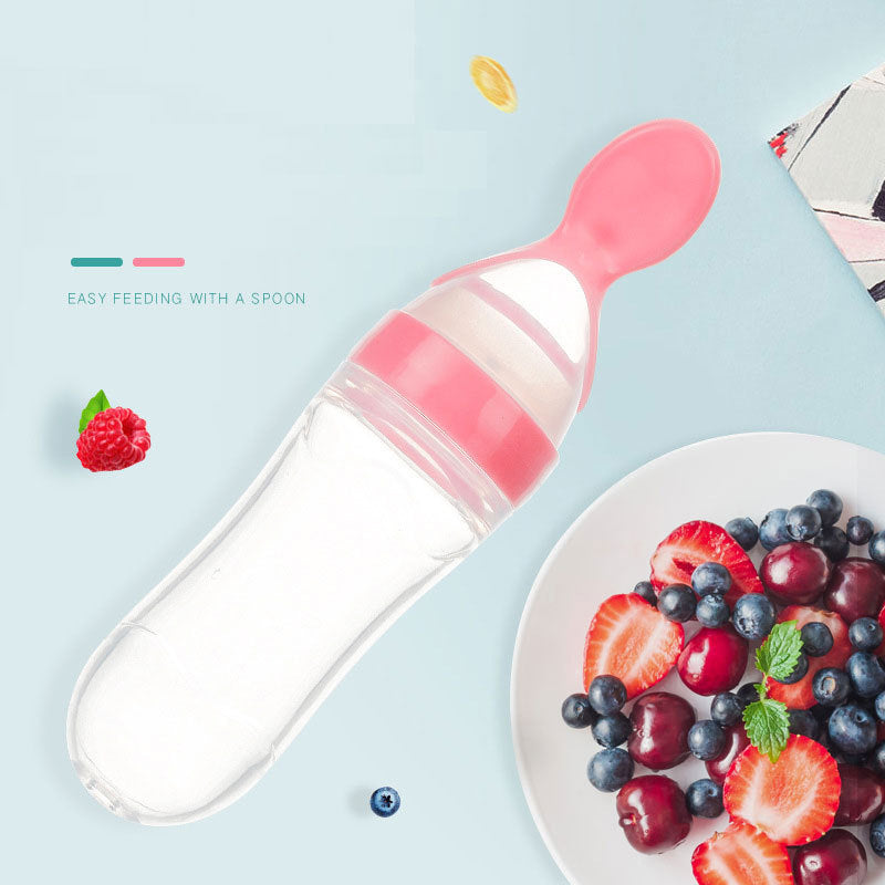 SoftSqueeze baby feeding bottle – BPA-free silicone squeeze bottle with attached spoon for feeding purees and first foods to infants