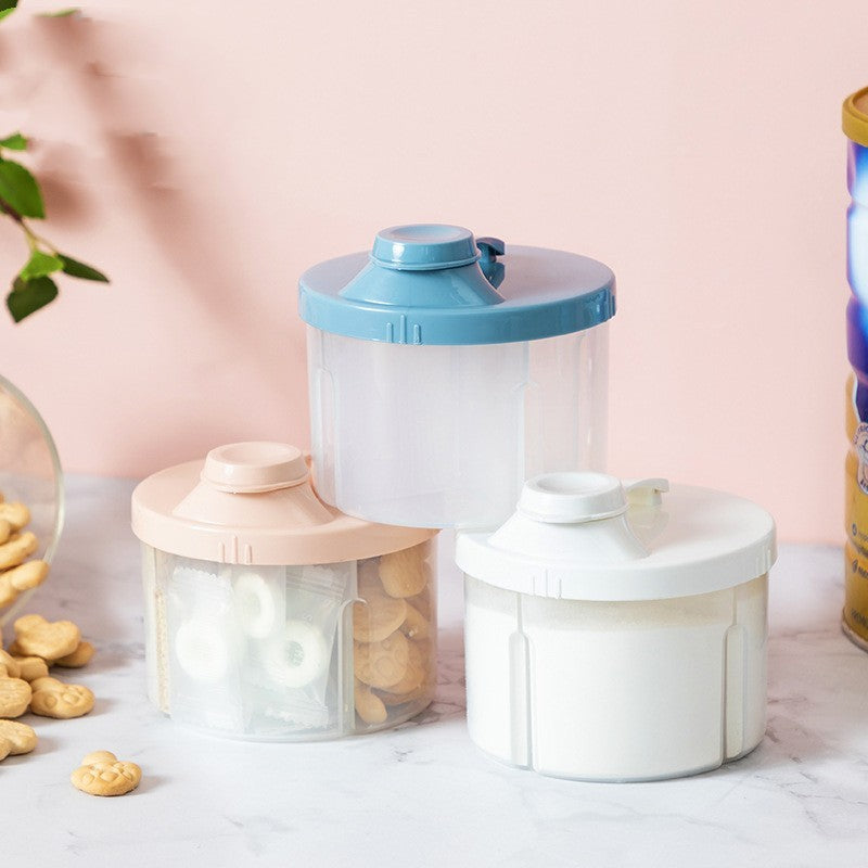4-compartment baby formula and snack box – BPA-free leak-proof container with easy-pour spout for storing milk powder, snacks, and baby essentials  
