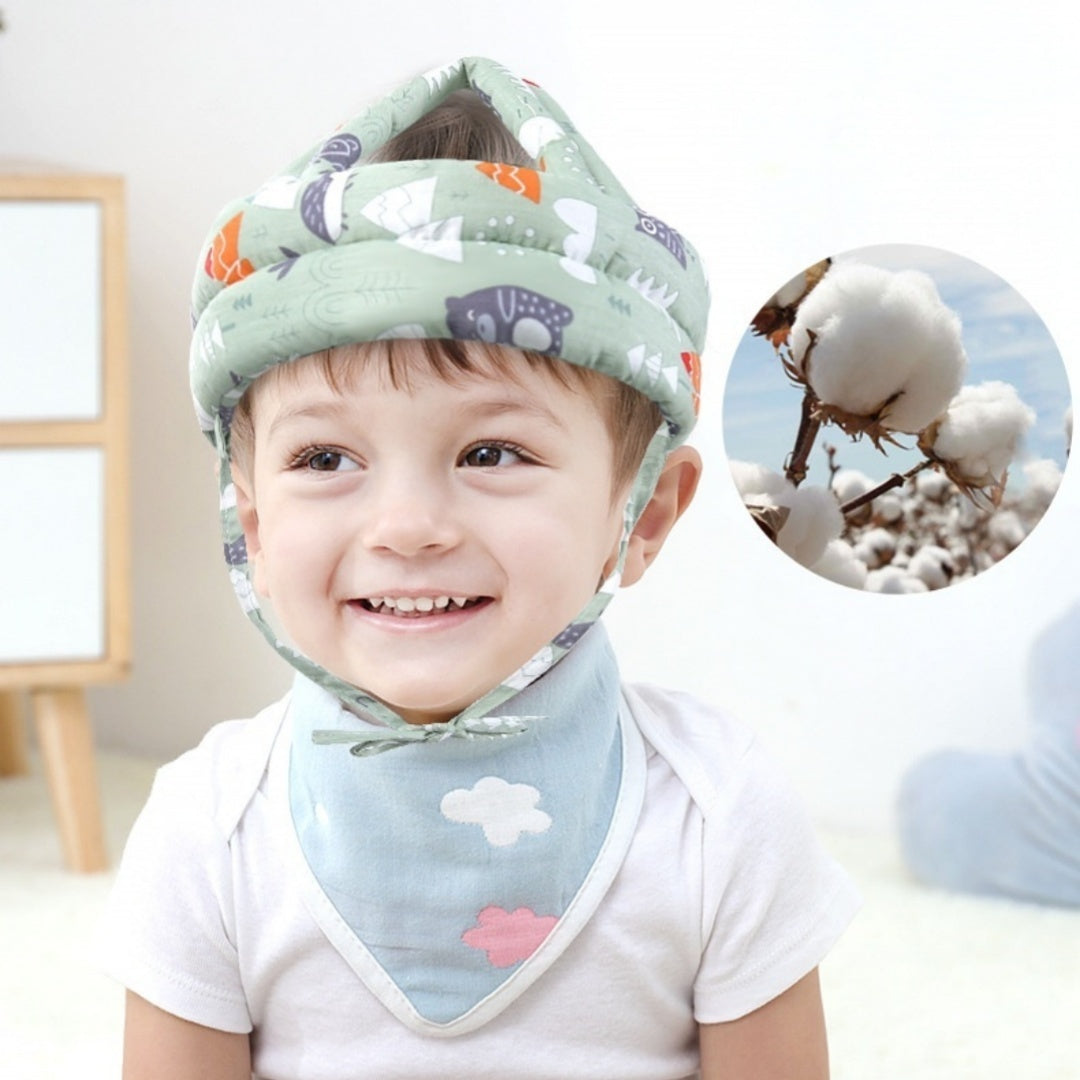 Baby head protection helmet – soft breathable cotton padded helmet with adjustable chin tie and cute prints for toddlers learning to crawl or walk  
