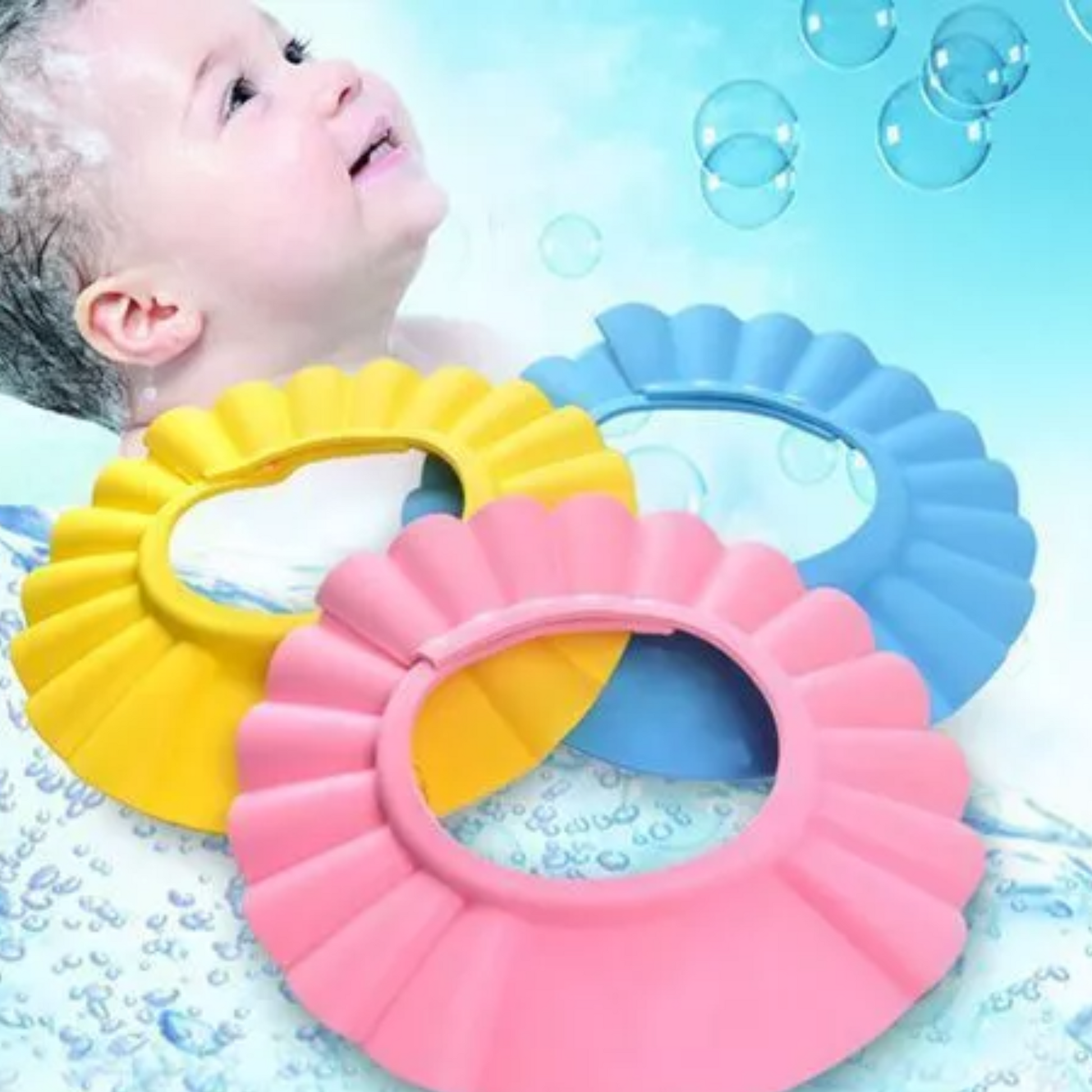 Baby shower cap – lightweight adjustable CPE bath visor to protect toddler’s eyes and face from shampoo and water during bath time  
