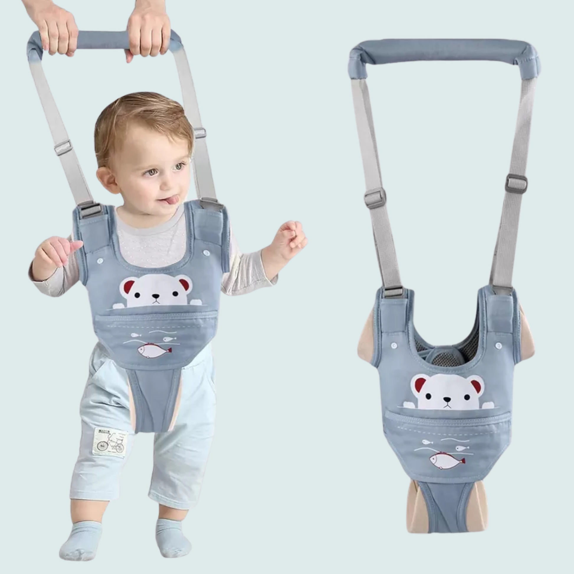 Baby walking harness – soft breathable cotton toddler walker with adjustable chest size, crotch support, and cute bear print for babies 8–36 months  
