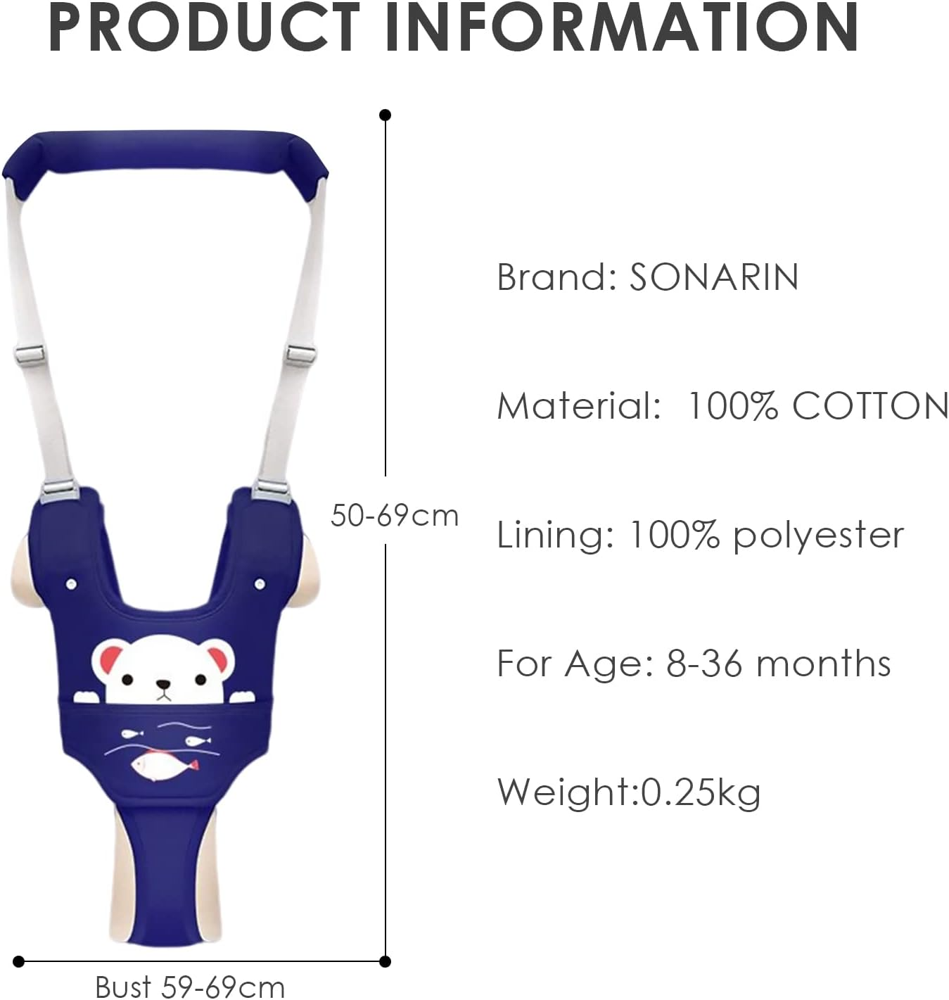 baby walking harness product dimensions and size information
