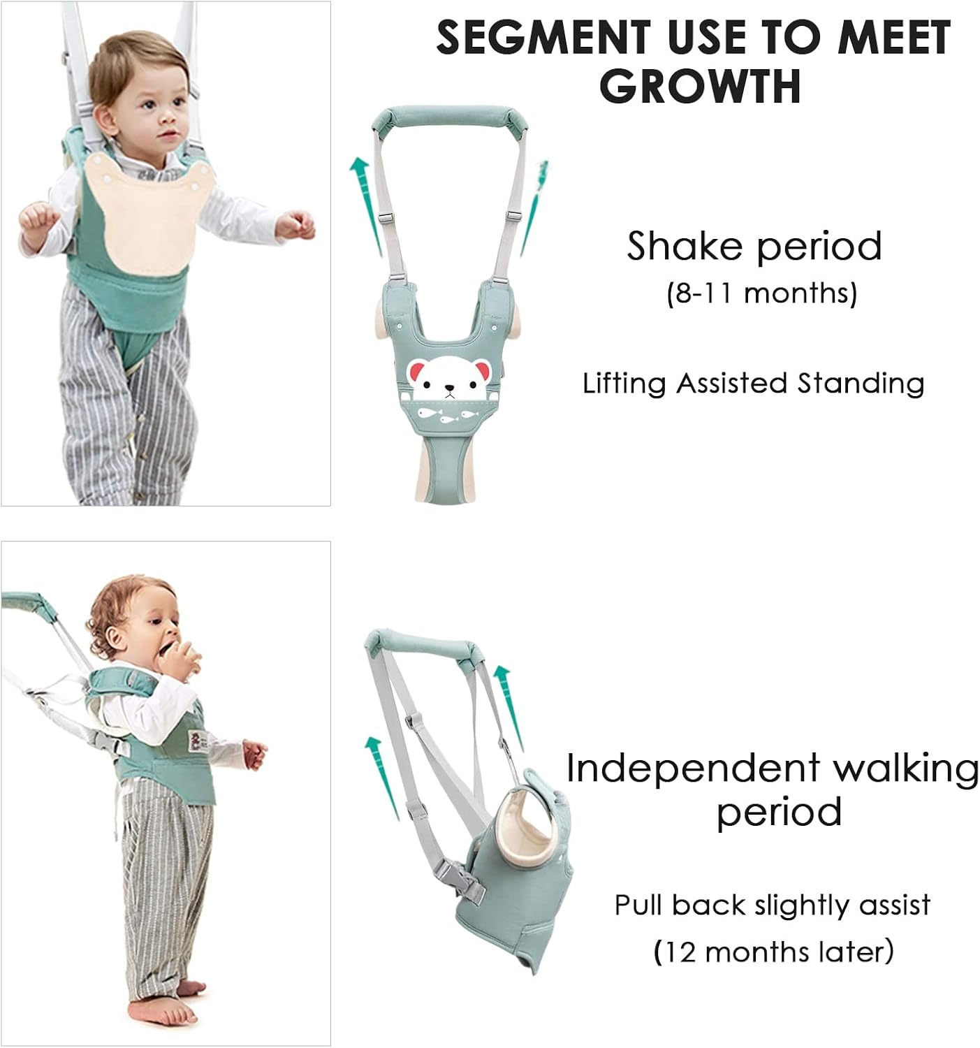 baby walking harness with removable support panel for early walking
