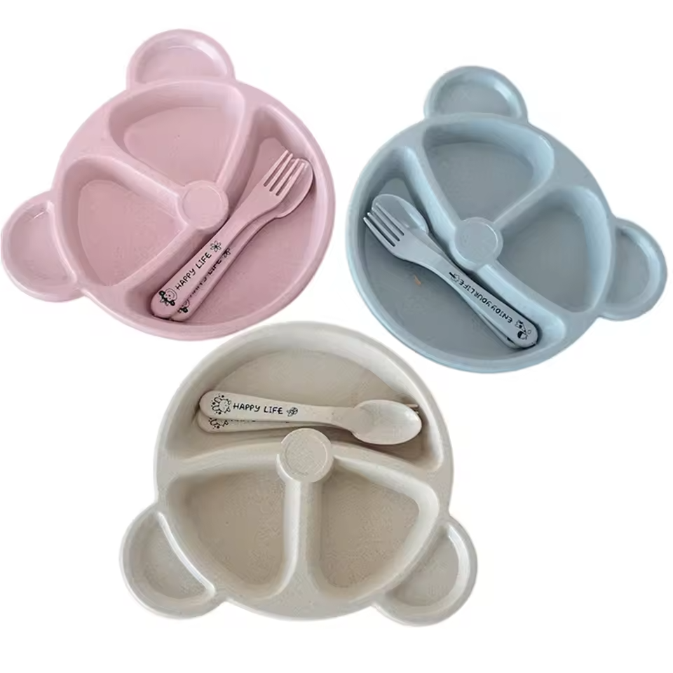 bear shaped kids tableware set for self feeding
