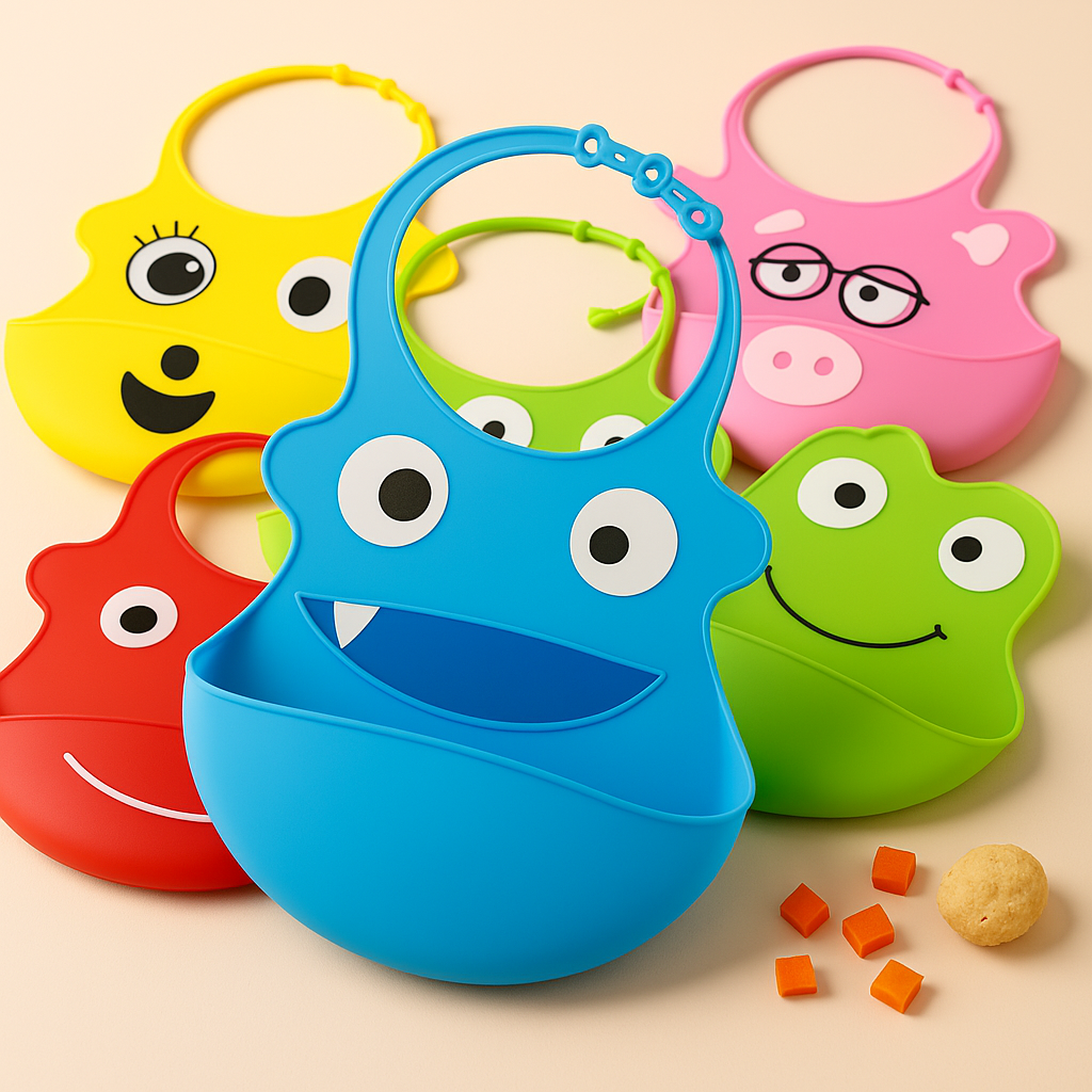 Silicone baby bib – waterproof BPA-free feeding bib with adjustable neck strap and built-in crumb catcher for infants and toddlers  
