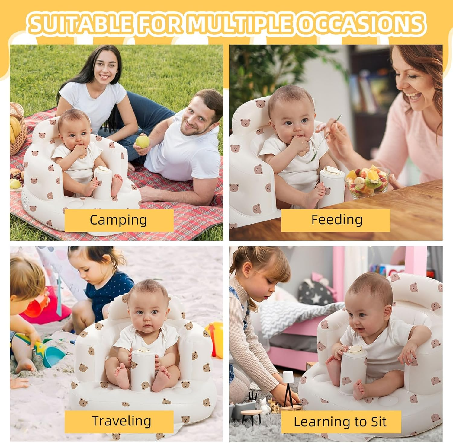 Inflatable baby support seat for sitting practice