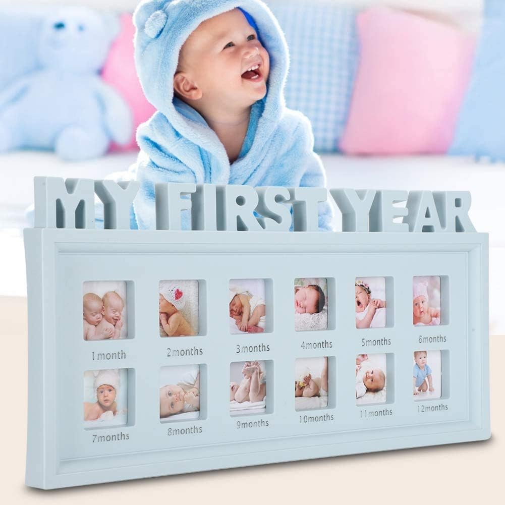Baby first year photo frame – rectangular PVC keepsake frame with 12 monthly photo slots and “MY FIRST YEAR” text for newborn memories  
