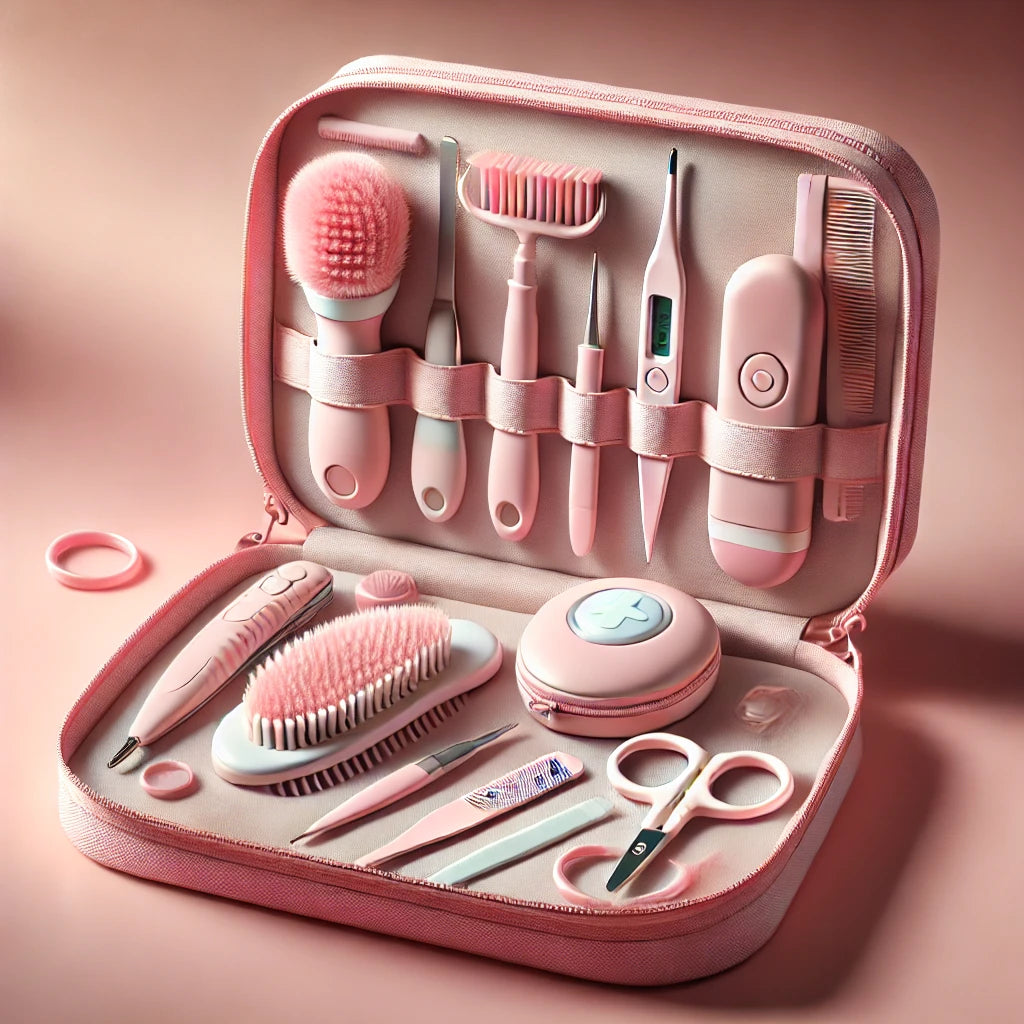Newborn baby grooming kit – complete 13-piece grooming set for infants including brush, comb, nail clipper, scissors, and more  
