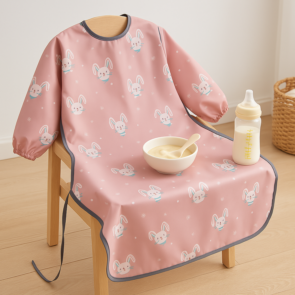 Waterproof feeding apron for babies – long-sleeved bib with tray cover, soft polyester cotton, cartoon prints, and easy-to-clean design for messy mealtimes  
