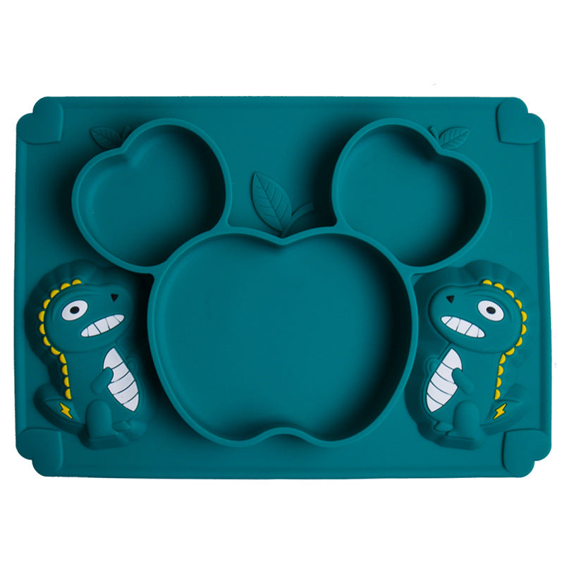 Apple-Shaped Silicone Baby Plate Apple-shaped silicone feeding plate for babies, BPA-free divided tray with dinosaur design