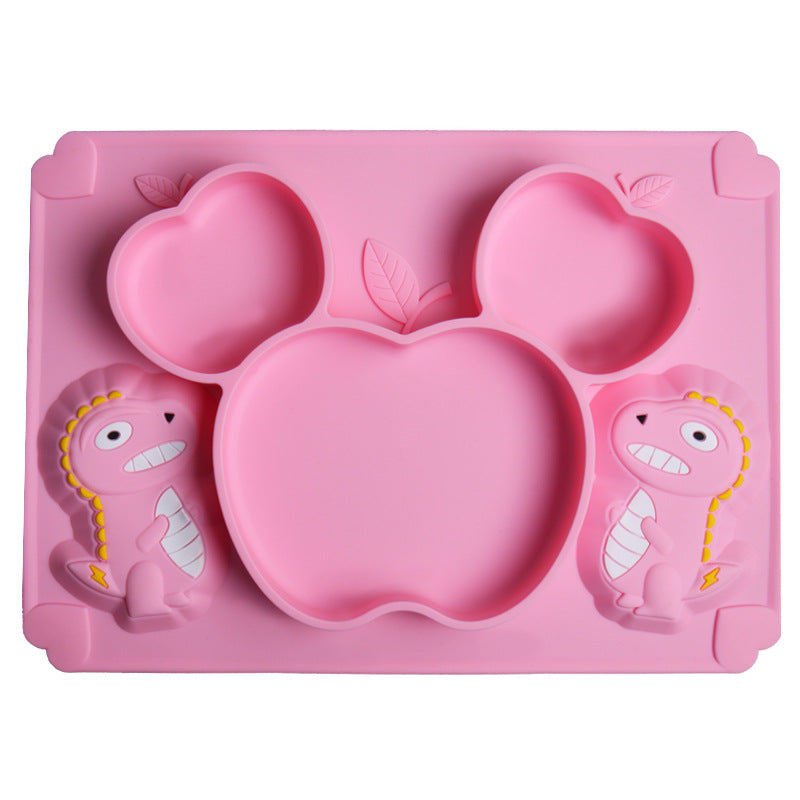 Pink Silicone Baby Plate with Divided Compartments Pink silicone baby plate with dinosaur compartments, non-slip divided feeding tray for toddlers