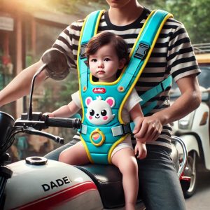 Child wearing a blue motorcycle safety harness while riding with an adult on a motorcycle.