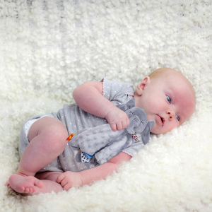 Baby holding a soft comforter plush blanket with attached teether