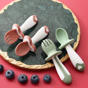 Baby training spoon and fork set with soft heads in pink and green